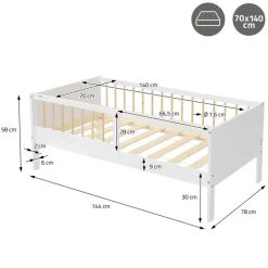 Kinderbett 70x140 cm mit Lattenrost und Rausfallschutz Weiß/Natur Kiefernholz ML-Design