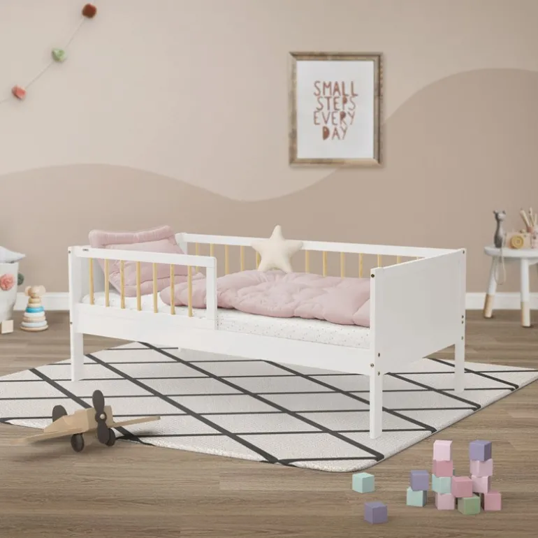 Kinderbett 70x140 cm mit Lattenrost und Rausfallschutz Weiß/Natur Kiefernholz ML-Design