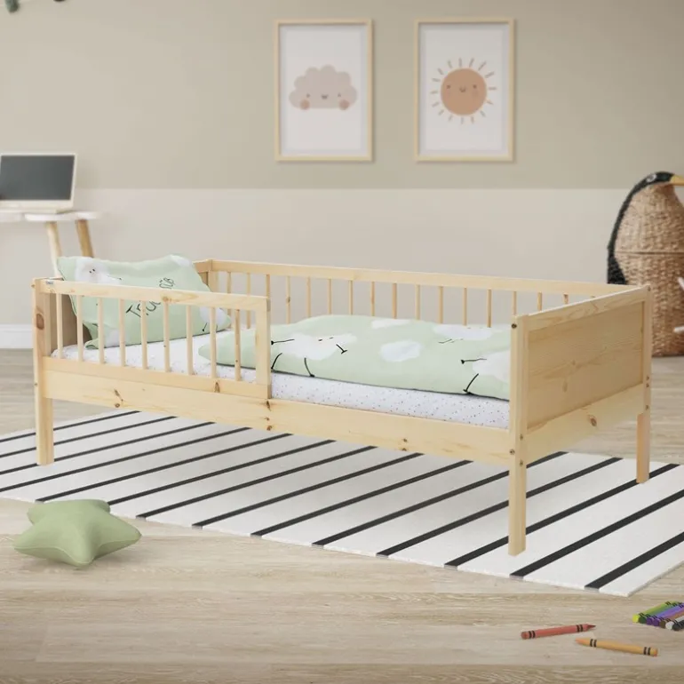 Kinderbett 80x160 cm mit Lattenrost und Rausfallschutz Natur Kiefernholz ML-Design