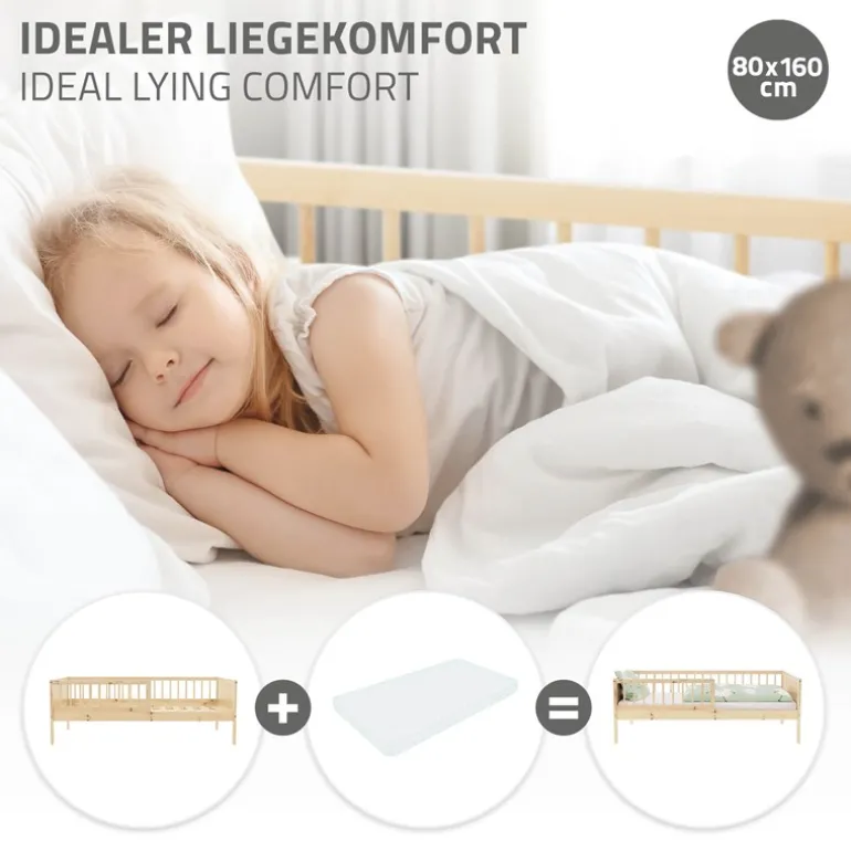 Kinderbett 80x160 cm mit Lattenrost und Rausfallschutz Natur Kiefernholz ML-Design