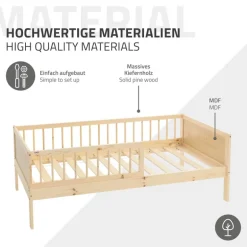 Kinderbett 80x160 cm mit Lattenrost und Rausfallschutz Natur Kiefernholz ML-Design