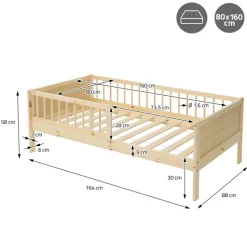 Kinderbett 80x160 cm mit Lattenrost und Rausfallschutz Natur Kiefernholz ML-Design