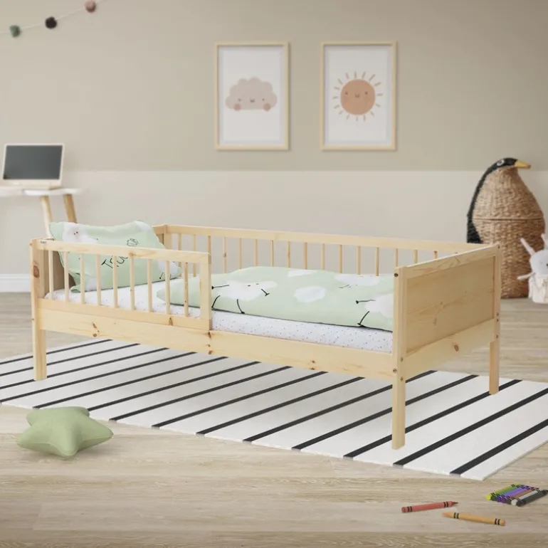 Kinderbett 80x160 cm mit Lattenrost und Rausfallschutz Natur Kiefernholz ML-Design