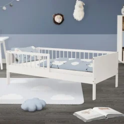Kinderbett 80x160 cm mit Lattenrost und Rausfallschutz Weiß Kiefernholz ML-Design
