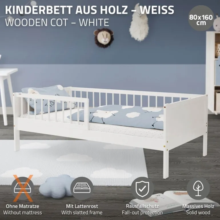 Kinderbett 80x160 cm mit Lattenrost und Rausfallschutz Weiß Kiefernholz ML-Design