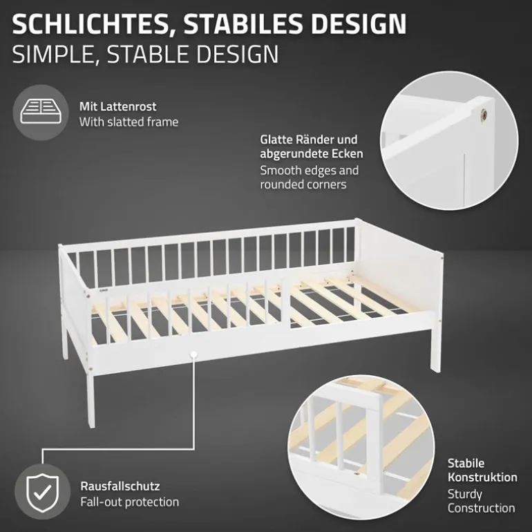 Kinderbett 80x160 cm mit Lattenrost und Rausfallschutz Weiß Kiefernholz ML-Design