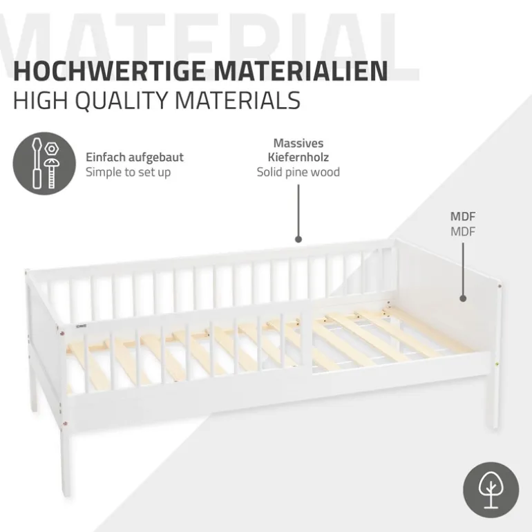 Kinderbett 80x160 cm mit Lattenrost und Rausfallschutz Weiß Kiefernholz ML-Design