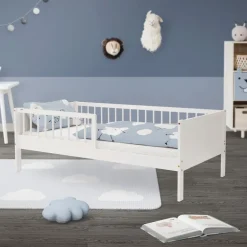 Kinderbett 80x160 cm mit Lattenrost und Rausfallschutz Weiß Kiefernholz ML-Design