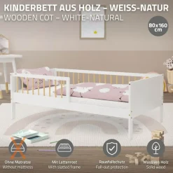 Kinderbett 80x160 cm mit Lattenrost und Rausfallschutz Weiß/Natur Kiefernholz ML-Design