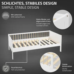 Kinderbett 80x160 cm mit Lattenrost und Rausfallschutz Weiß/Natur Kiefernholz ML-Design