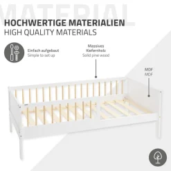 Kinderbett 80x160 cm mit Lattenrost und Rausfallschutz Weiß/Natur Kiefernholz ML-Design