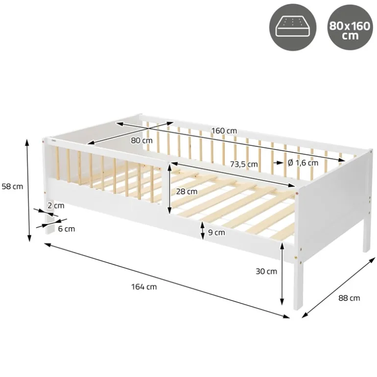 Kinderbett 80x160 cm mit Lattenrost und Rausfallschutz Weiß/Natur Kiefernholz ML-Design