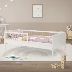 Kinderbett 80x160 cm mit Lattenrost und Rausfallschutz Weiß/Natur Kiefernholz ML-Design