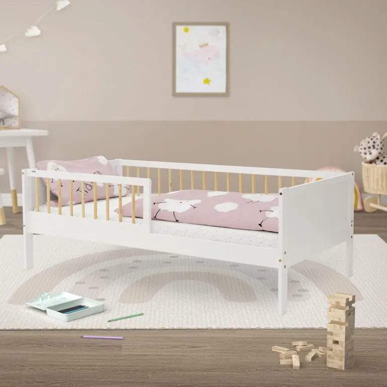 Kinderbett 80x160 cm mit Lattenrost und Rausfallschutz Weiß/Natur Kiefernholz ML-Design