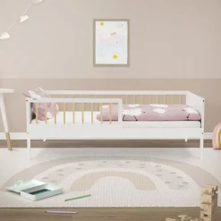 Kinderbett 80x160 cm mit Lattenrost und Rausfallschutz Weiß/Natur Kiefernholz ML-Design