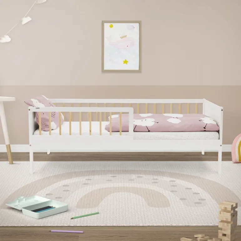 Kinderbett 80x160 cm mit Lattenrost und Rausfallschutz Weiß/Natur Kiefernholz ML-Design