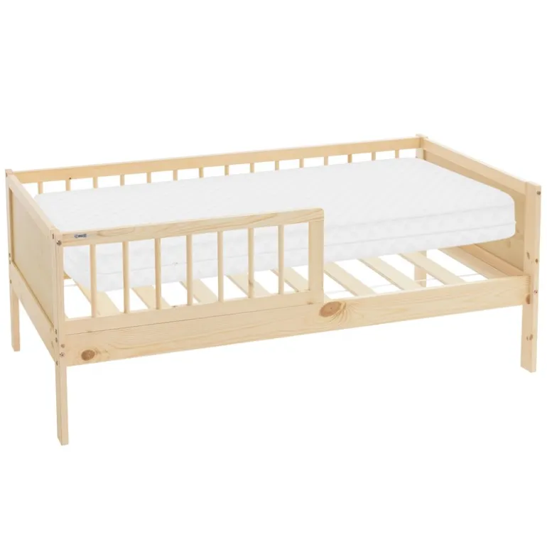 Kinderbett 70x140 cm mit Matratze, Lattenrost und Rausfallschutz in Natur ML-Design