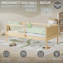 Kinderbett 70x140 cm mit Matratze, Lattenrost und Rausfallschutz in Natur ML-Design