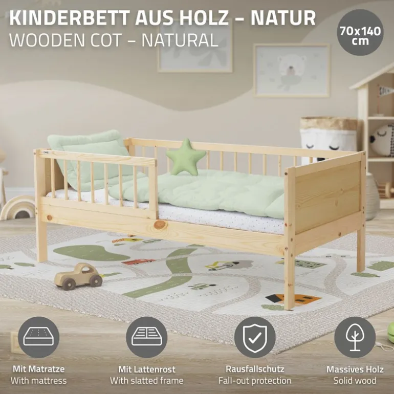 Kinderbett 70x140 cm mit Matratze, Lattenrost und Rausfallschutz in Natur ML-Design