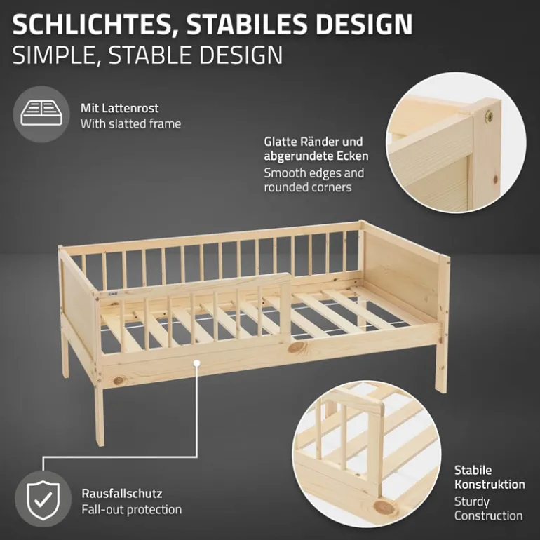 Kinderbett 70x140 cm mit Matratze, Lattenrost und Rausfallschutz in Natur ML-Design