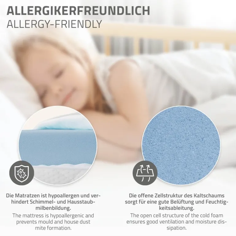 Kinderbett 70x140 cm mit Matratze, Lattenrost und Rausfallschutz in Natur ML-Design