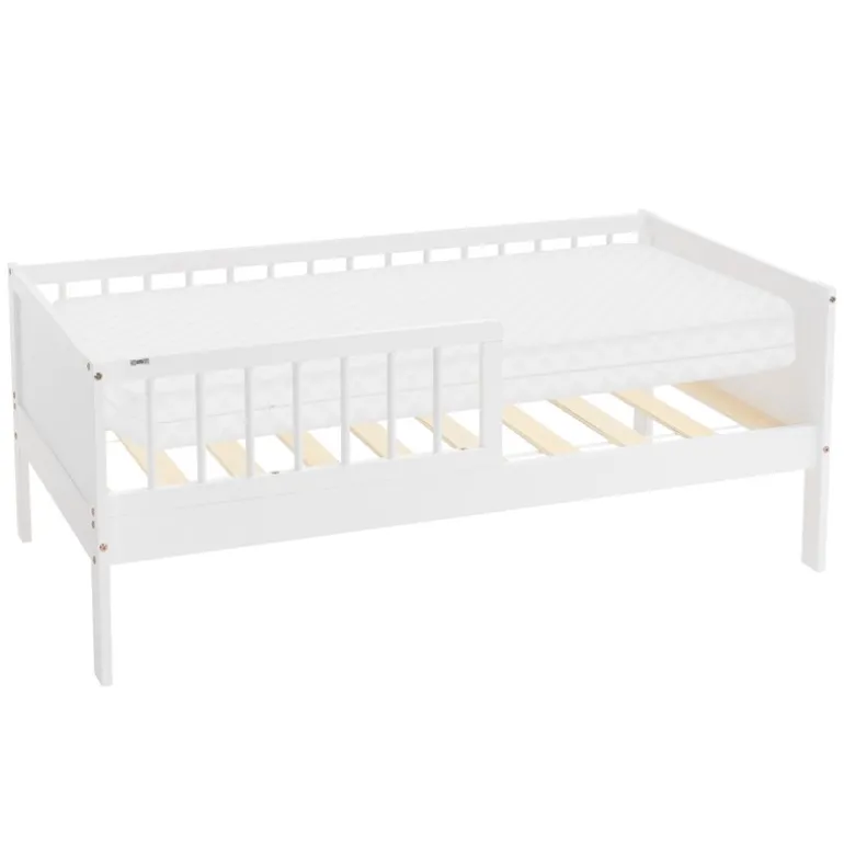 Kinderbett 70x140 cm mit Matratze, Lattenrost und Rausfallschutz in Weiß ML-Design