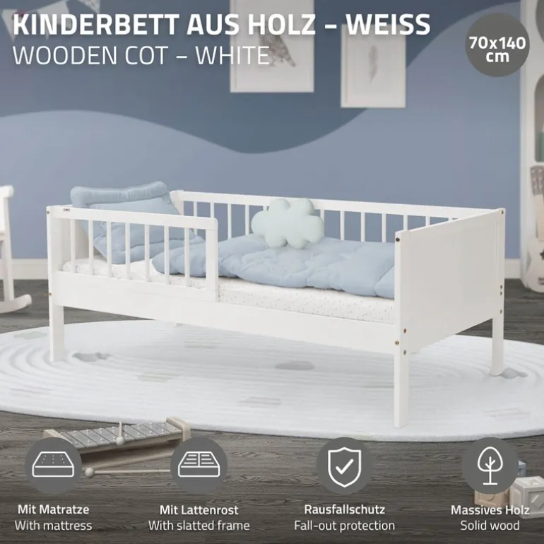 Kinderbett 70x140 cm mit Matratze, Lattenrost und Rausfallschutz in Weiß ML-Design