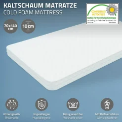 Kinderbett 70x140 cm mit Matratze, Lattenrost und Rausfallschutz in Weiß ML-Design