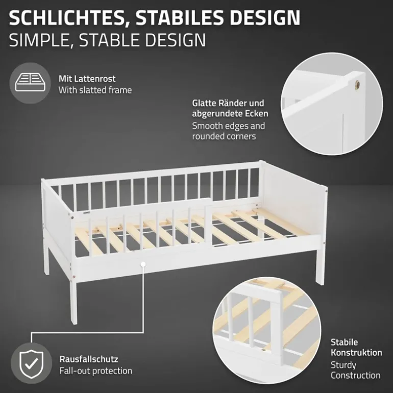 Kinderbett 70x140 cm mit Matratze, Lattenrost und Rausfallschutz in Weiß ML-Design