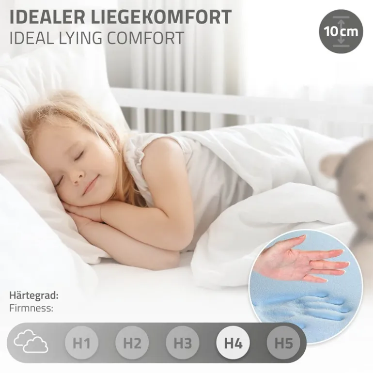 Kinderbett 70x140 cm mit Matratze, Lattenrost und Rausfallschutz in Weiß ML-Design