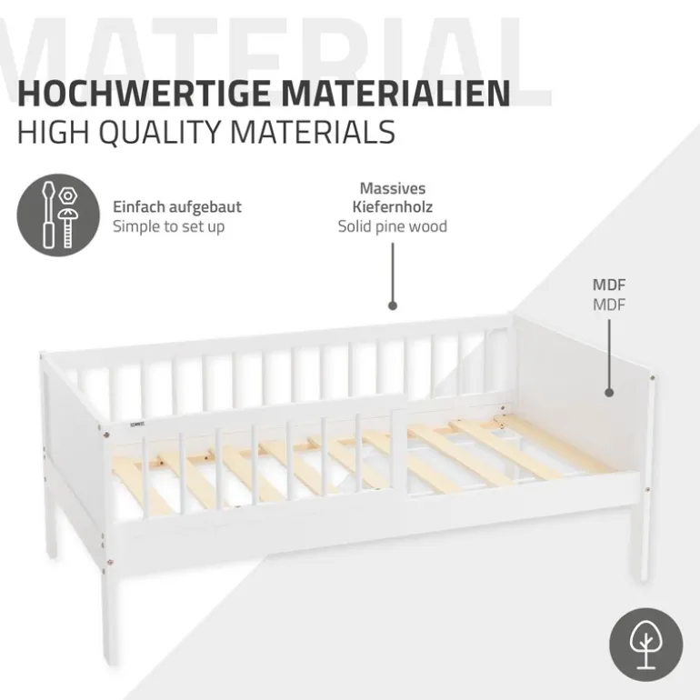 Kinderbett 70x140 cm mit Matratze, Lattenrost und Rausfallschutz in Weiß ML-Design