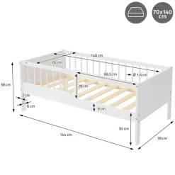 Kinderbett 70x140 cm mit Matratze, Lattenrost und Rausfallschutz in Weiß ML-Design