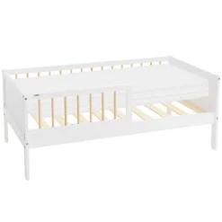 Kinderbett 70x140 cm mit Matratze, Lattenrost und Rausfallschutz in Weiß/Natur ML-Design