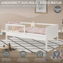 Kinderbett 70x140 cm mit Matratze, Lattenrost und Rausfallschutz in Weiß/Natur ML-Design