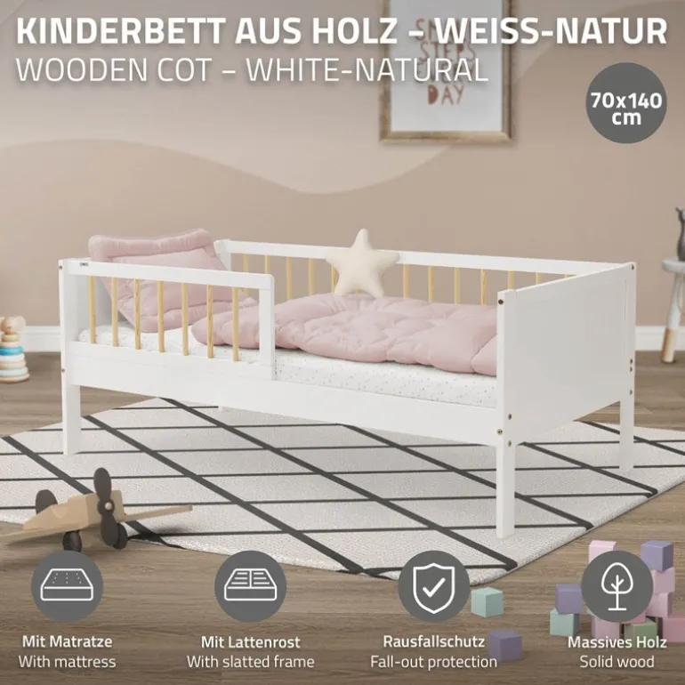 Kinderbett 70x140 cm mit Matratze, Lattenrost und Rausfallschutz in Weiß/Natur ML-Design
