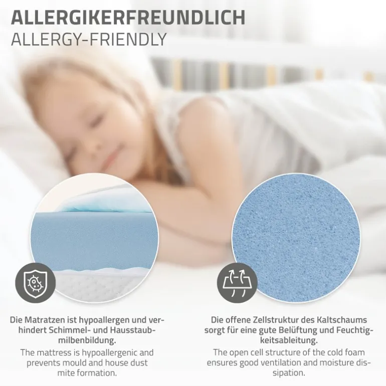 Kinderbett 70x140 cm mit Matratze, Lattenrost und Rausfallschutz in Weiß/Natur ML-Design