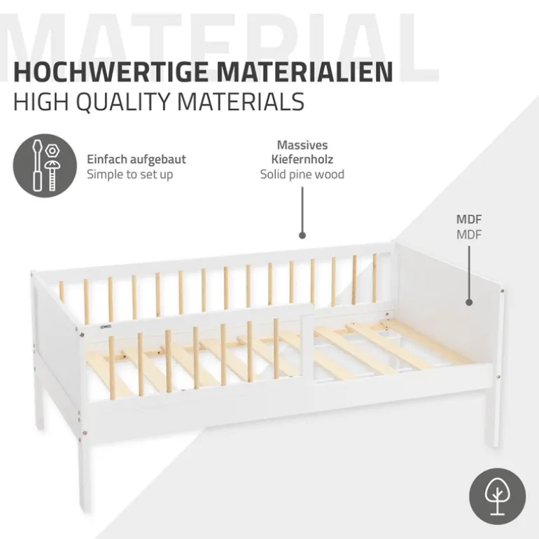 Kinderbett 70x140 cm mit Matratze, Lattenrost und Rausfallschutz in Weiß/Natur ML-Design