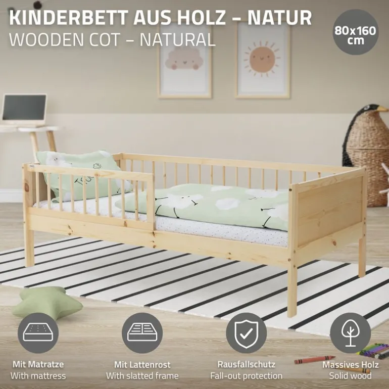 Kinderbett 80x160 cm mit Matratze, Lattenrost und Rausfallschutz in Natur ML-Design