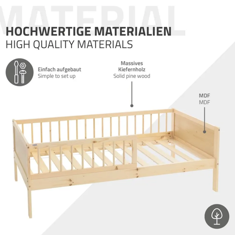 Kinderbett 80x160 cm mit Matratze, Lattenrost und Rausfallschutz in Natur ML-Design