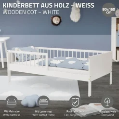 Kinderbett 80x160 cm mit Matratze, Lattenrost und Rausfallschutz in Weiß ML-Design