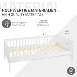 Kinderbett 80x160 cm mit Matratze, Lattenrost und Rausfallschutz in Weiß ML-Design