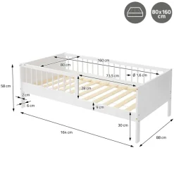 Kinderbett 80x160 cm mit Matratze, Lattenrost und Rausfallschutz in Weiß ML-Design