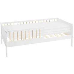 Kinderbett 80x160 cm mit Matratze, Lattenrost und Rausfallschutz in Weiß/Natur ML-Design