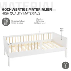 Kinderbett 80x160 cm mit Matratze, Lattenrost und Rausfallschutz in Weiß/Natur ML-Design