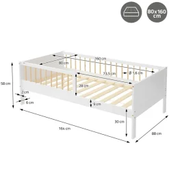 Kinderbett 80x160 cm mit Matratze, Lattenrost und Rausfallschutz in Weiß/Natur ML-Design