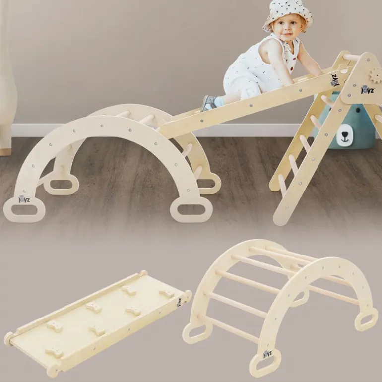 Kinderkletterbogen Natur mit Rutsche oder Kletterwand 2 in 1 Natur aus Holz Joyz