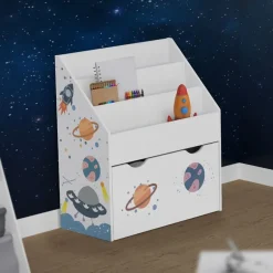 Kinderregal Weltraum-Motiv mit 3 Fächern und herausziehbarer Spielzeugkiste auf Rollen Weiß aus Holz Joyz