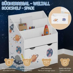 Kinderregal Weltraum-Motiv mit 3 Fächern und herausziehbarer Spielzeugkiste auf Rollen Weiß aus Holz Joyz