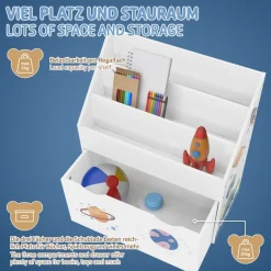 Kinderregal Weltraum-Motiv mit 3 Fächern und herausziehbarer Spielzeugkiste auf Rollen Weiß aus Holz Joyz