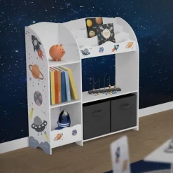 Kinderregal Weltraum-Motiv mit 8 Ablagefächern und 2 abnehmbaren Stoffboxen Weiß aus Holz Joyz